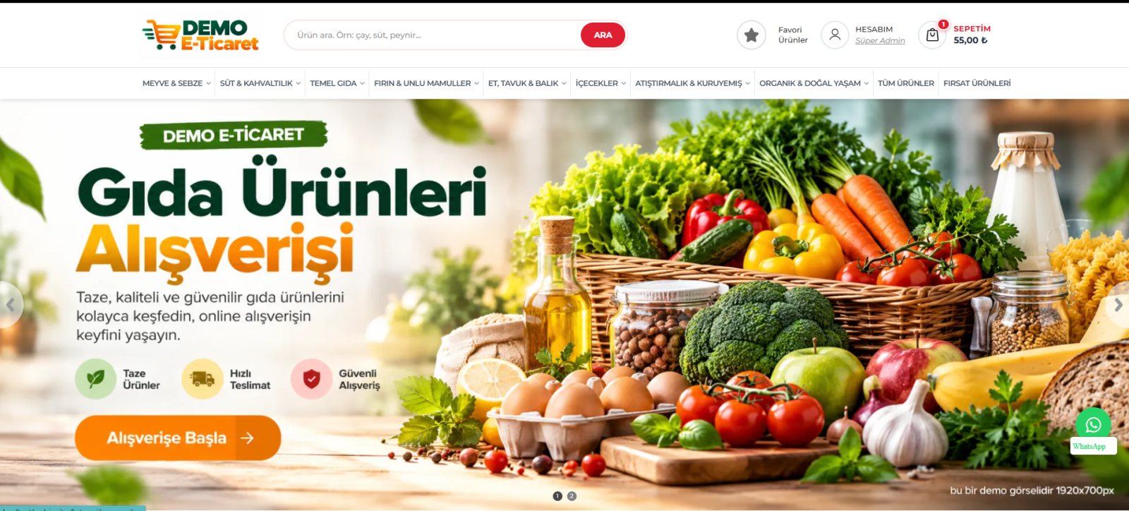 Gıda & Market teması ana sayfa görünümü